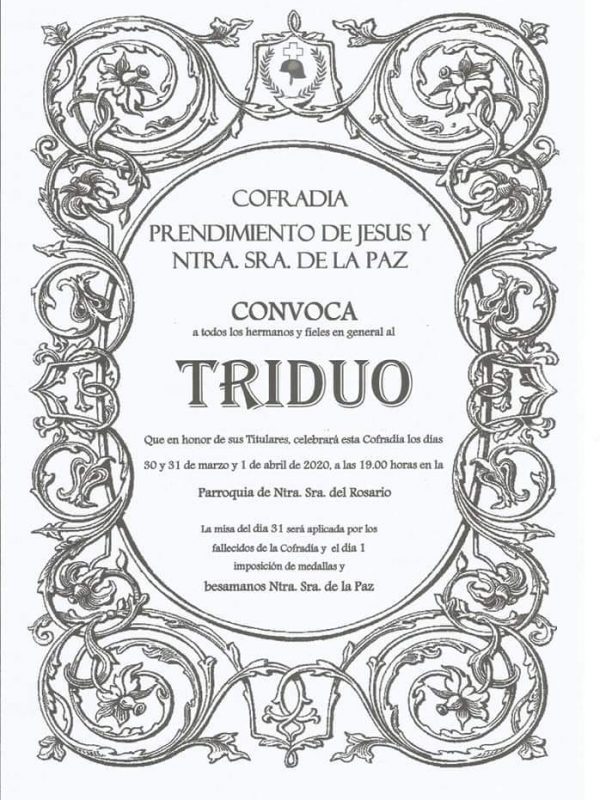 Cartel Triduo 2020 Cofradía del Prendimiento y Nuestra Señora de la Paz